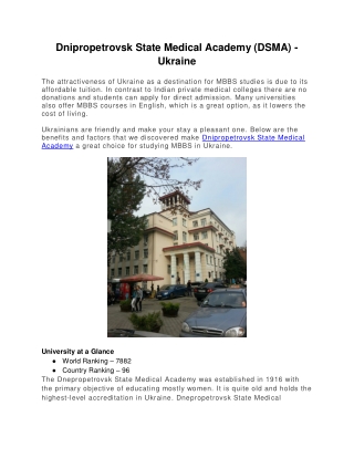 Dnipropetrovsk State Medical Academy (DSMA) - Ukraine