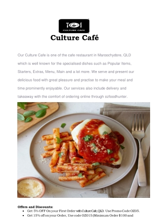 5% Off - Culture Cafe Restaurant Menu Maroochydore, QLD