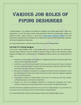 Various Job Roles Of Piping Designers