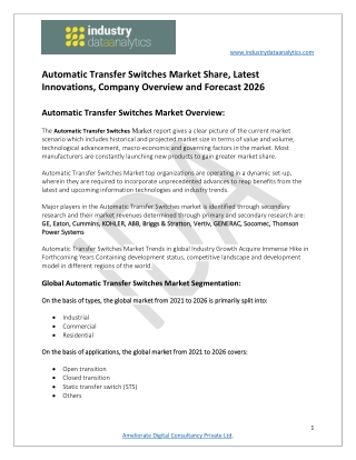 Automatic Transfer Switches Market Growth Opportunities and Forecast till 2026