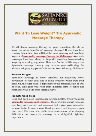 Want To Lose Weight - Try Ayurvedic Massage Therapy