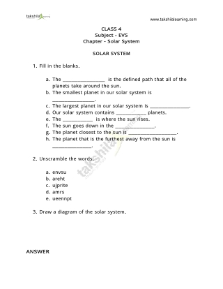 Solar System Diagram and Worksheet for Class 4 CBSE