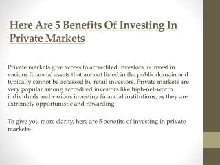 Here Are 5 Benefits Of Investing In Private Markets