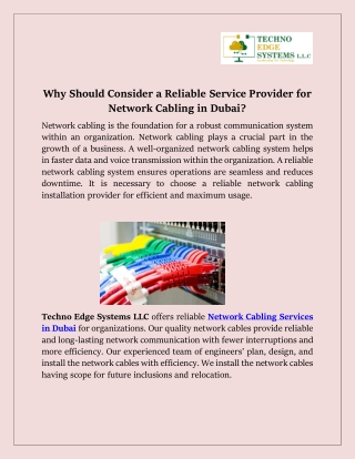 Why Should Consider a Reliable Service Provider for Network Cabling in Dubai?