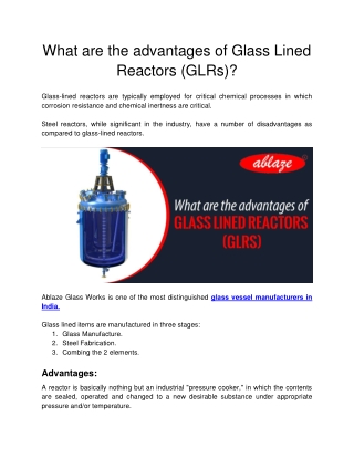 Ablaze Glass Works - What are the advantages of Glass Lined Reactors (GLRs)-converted