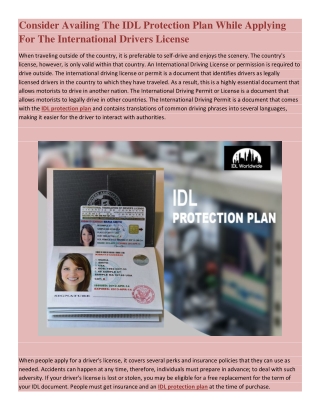 Consider Availing The IDL Protection Plan While Applying For The International Drivers License
