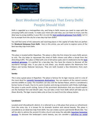 Best Weekend Getaways That Every Delhi People Should Visit