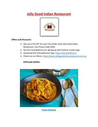 5% Off - Jolly Good Indian Restaurant Menu Long Jetty,NSW