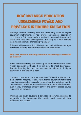 How Distance Education Undermines Power and Privilege in Higher Education