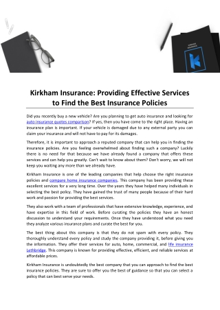 Kirkham Insurance Providing Effective Services to Find the Best Insurance Policies