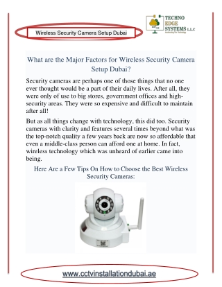 What are the Major Factors for Wireless Security Camera Setup Dubai?