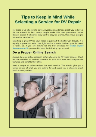 Some Points to Consider When Choosing an RV Repair Service