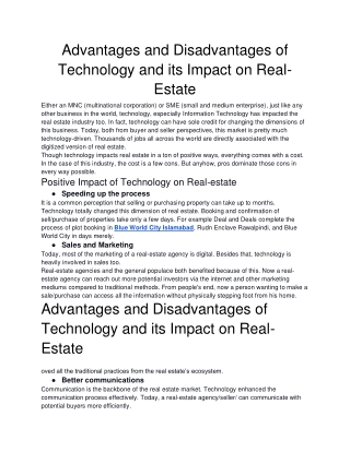 Advantages and Disadvantages of Technology and its Impact on Real-Estate