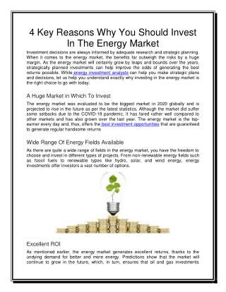 4 Key Reasons Why You Should Invest In The Energy Market