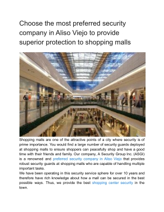 Choose the most preferred security company in Aliso Viejo to provide superior protection to shopping malls