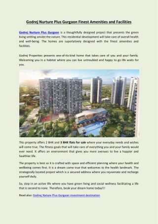 Godrej Nurture Plus Gurgaon Finest Amenities and Facilities