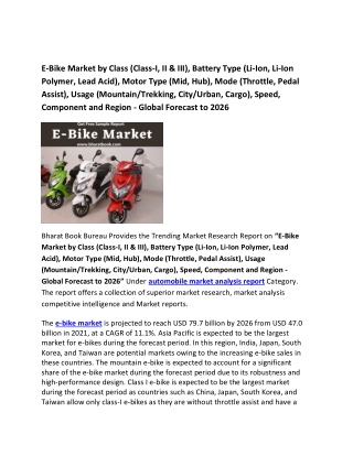 Global E-Bike Market by Class and Forecast to 2026