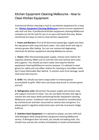 Kitchen Equipment Cleaning Melbourne - How to Clean Kitchen Equipment