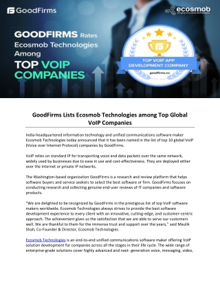 GoodFirms Lists Ecosmob Technologies among Top Global VoIP Companies