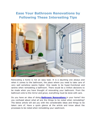 Ease Your Bathroom Renovations by Following These Interesting Tips