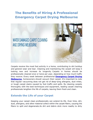 The Benefits Of Hiring A Professional Emergency Carpet Drying Melbourne