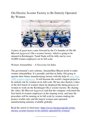 Ola Electric Scooter Factory to Be Entirely Operated By Women
