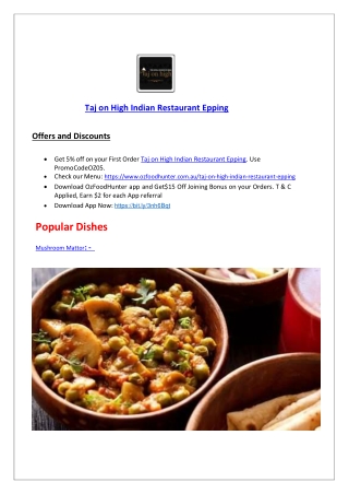 5% Off - Taj On High Epping Indian Restaurant Menu, VIC