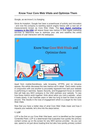 Know Your Core Web Vitals and Optimize Them