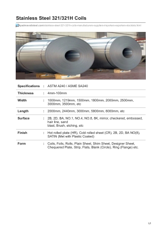 Stainless Steel 321/321H Coils Stockists In India