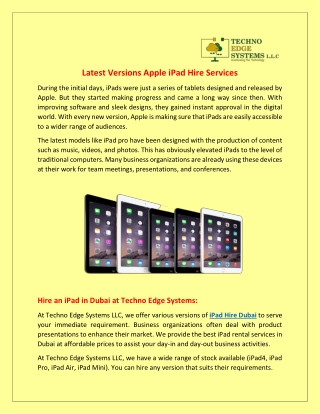 What are the Latest Versions of Apple iPad Hire Services?