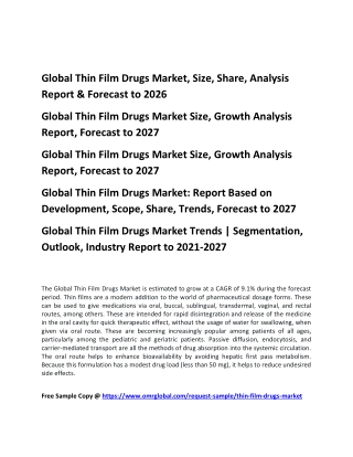 Global Thin Film Drugs Market, Size, Share, Analysis Report & Forecast to 2026