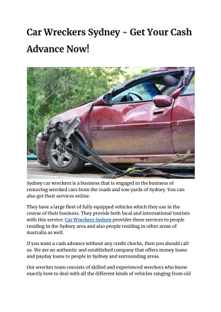 Car Wreckers Sydney - Get Your Cash Advance Now