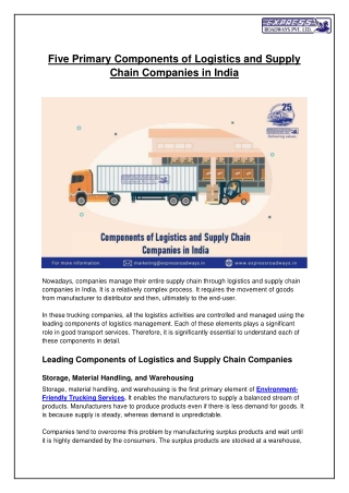 Five Primary Components of Logistics and Supply Chain Companies in India