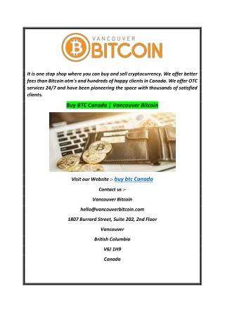Buy BTC Canada  Vancouver Bitcoin