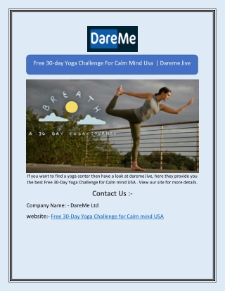 Free 30-day Yoga Challenge For Calm Mind Usa  | Dareme.live