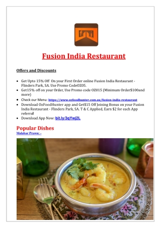 15% Off - Fusion India Restaurant Flinders Park Menu, SA