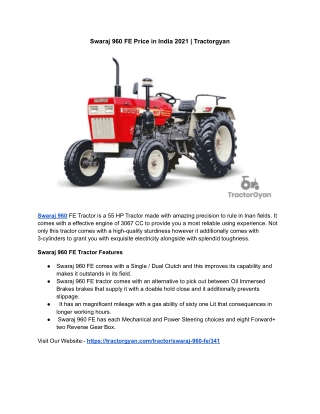 Swaraj 960 FE Price in India 2021 | Tractorgyan