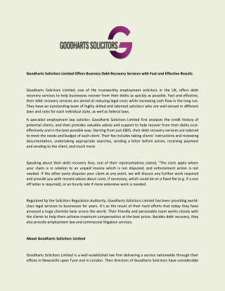 Goodharts Solicitors Limited Offers Business Debt Recovery Services with Fast and Effective Results