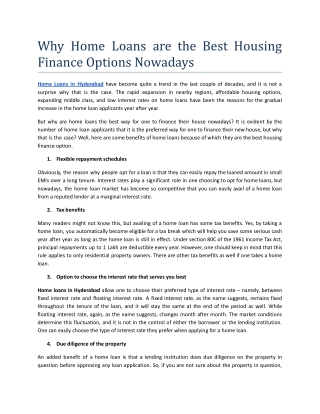 Why Home Loans are the Best Housing Finance Options Nowadays