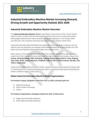 Industrial Embroidery Machine Market Growth Opportunities, Revenue Analysis 2021