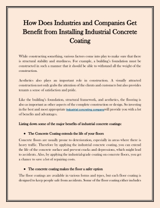 How Does Industries and Companies Get Benefit from Installing Industrial Concrete Coating