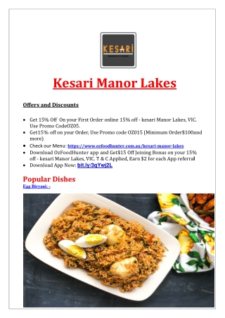 15% off - kesari Indian Restaurant Manor Lakes Menu, VIC