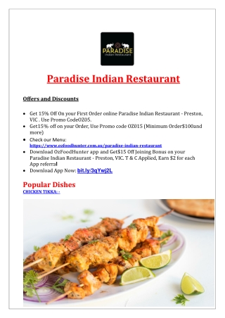 15% off - Paradise Indian Restaurant Preston Menu, VIC