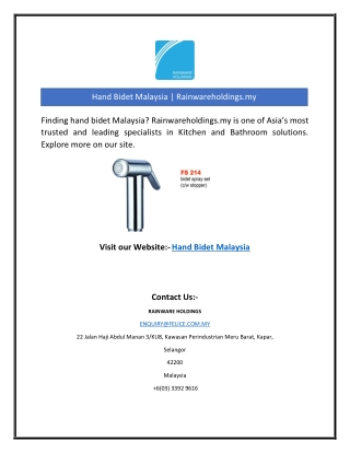 Hand Bidet Malaysia | Rainwareholdings.my