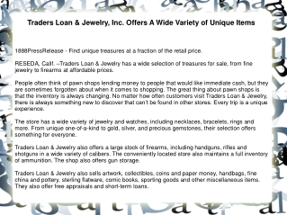 Traders Loan & Jewelry, Inc. Offers A Wide Variety of Unique Items