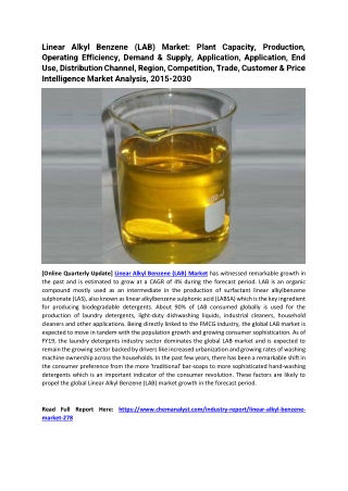 Linear Alkyl Benzene Market is Estimated to Grow at a CAGR of 4% by 2030