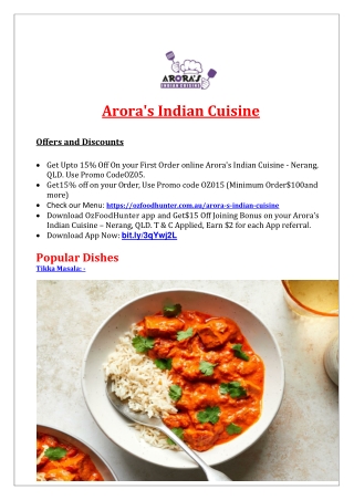 15% off - Arora's Indian Cuisine Menu - Takeaway Nerang, QLD