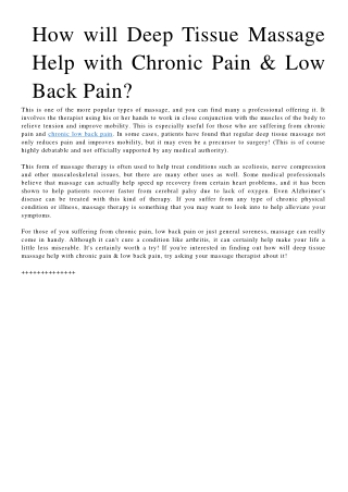 How Will Deep Tissue Massage Help With Chronic Pain & Low Back Pain