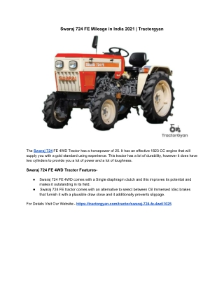 Swaraj 724 FE 4WD Mileage in India 2021 | Tractorgyan