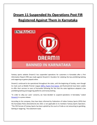 Dream 11 Suspended Its Operations Post FIR Registered Against Them in Karnataka